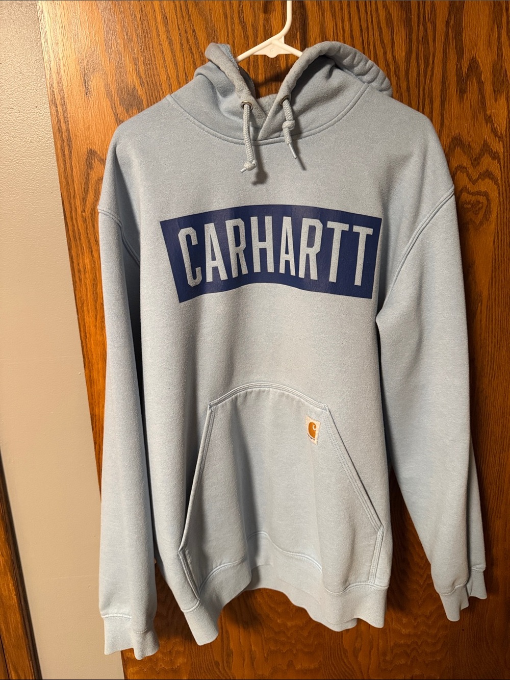 Carhartt Men’s Pale Blue Pullover Hoodie with Navy Logo
